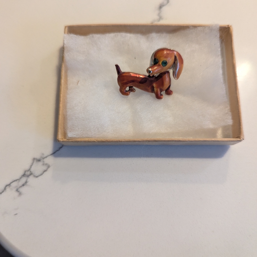 Vintage Brown Enamel Dachshund Lapel Pin With Green Rhinestone Eyes